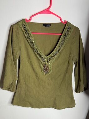 H&M Olive Green Embellished V-Neck Tunic